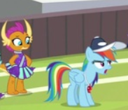 Size: 183x157 | Tagged: safe, screencap, character:rainbow dash, character:smolder, species:dragon, species:pegasus, species:pony, episode:2-4-6 greaaat, annoyed, cap, clothing, cropped, eyes on the prize, female, hands on hip, hat, mare, picture for breezies