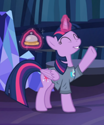 Size: 576x691 | Tagged: safe, screencap, character:dj pon-3, character:twilight sparkle, character:twilight sparkle (alicorn), character:vinyl scratch, species:alicorn, species:pony, episode:a trivial pursuit, g4, my little pony: friendship is magic, bell, clothing, cropped, cute, eyes closed, glowing horn, horn, levitation, magic, shirt, smiling, solo, t-shirt, telekinesis, twiabetes