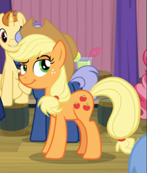 Size: 557x653 | Tagged: safe, screencap, character:applejack, species:earth pony, species:pony, episode:a trivial pursuit, g4, my little pony: friendship is magic, applejack's hat, clothing, cowboy hat, cropped, cute, cutie mark, female, freckles, hat, lidded eyes, mare, ponytail, raised eyebrow, smiling, smirk, smug, smugjack, solo focus, stetson