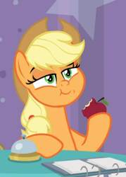 Size: 522x730 | Tagged: safe, screencap, character:applejack, species:earth pony, species:pony, episode:a trivial pursuit, g4, my little pony: friendship is magic, :t, apple, applejack's hat, chewing, confident, cowboy hat, cropped, eating, faec, female, food, herbivore, holding, hooves on the table, lidded eyes, mare, ponytail, puffy cheeks, raised eyebrow, raised hoof, sitting, smiling, smirk, smugjack, solo, stetson, that pony sure does love apples