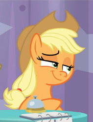 Size: 644x846 | Tagged: safe, screencap, character:applejack, species:earth pony, species:pony, episode:a trivial pursuit, g4, my little pony: friendship is magic, :t, applejack's hat, bell, clothing, confident, cowboy hat, cropped, female, hat, lidded eyes, mare, ponytail, raised eyebrow, sitting, smiling, smirk, smugjack, solo, stetson, trivia trot