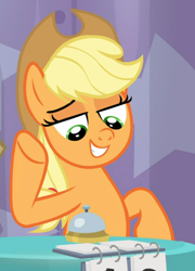 Size: 628x873 | Tagged: safe, screencap, character:applejack, species:earth pony, species:pony, episode:a trivial pursuit, g4, my little pony: friendship is magic, cropped, female, lidded eyes, looking down, mare, raised hoof, sitting, smiling, smirk, smug, smugjack, solo, underhoof