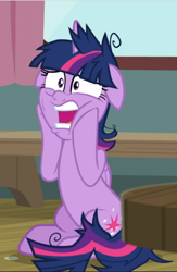 Size: 614x941 | Tagged: safe, screencap, character:twilight sparkle, character:twilight sparkle (alicorn), species:alicorn, species:pony, episode:a trivial pursuit, g4, my little pony: friendship is magic, cropped, faec, floppy ears, hooves on face, messy mane, open mouth, sitting, solo, squishy cheeks, twilight snapple