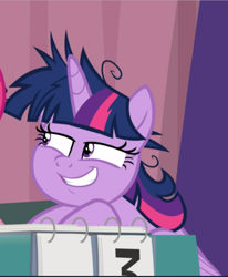 Size: 775x942 | Tagged: safe, screencap, character:twilight sparkle, character:twilight sparkle (alicorn), species:alicorn, species:pony, episode:a trivial pursuit, g4, my little pony: friendship is magic, cropped, evil grin, grin, messy mane, narrowed eyes, sitting, smiling, smirk, solo, twilight snapple
