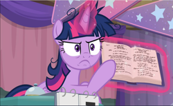 Size: 1528x942 | Tagged: safe, screencap, character:twilight sparkle, character:twilight sparkle (alicorn), species:alicorn, species:pony, episode:a trivial pursuit, g4, my little pony: friendship is magic, book, cropped, glowing horn, horn, levitation, magic, messy mane, pointing, solo, telekinesis