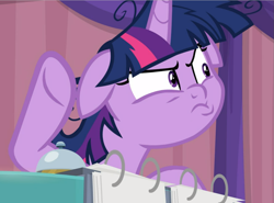 Size: 1155x853 | Tagged: safe, screencap, character:twilight sparkle, character:twilight sparkle (alicorn), species:alicorn, species:pony, episode:a trivial pursuit, g4, my little pony: friendship is magic, bell, cropped, faec, floppy ears, messy mane, solo, twilight snapple