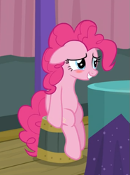 Size: 471x634 | Tagged: safe, screencap, character:pinkie pie, species:earth pony, species:pony, episode:a trivial pursuit, g4, my little pony: friendship is magic, blushing, cropped, cute, diapinkes, embarrassed, female, floppy ears, mare, sheepish grin, sitting, smiling, solo, trivia trot