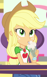 Size: 660x1080 | Tagged: safe, screencap, character:applejack, equestria girls:holidays unwrapped, g4, my little pony:equestria girls, applejack's hat, canterlot mall, clothing, cowboy hat, cropped, cute, dashing through the mall, drinking straw, female, geode of super strength, hat, ice cream soda, jackabetes, magical geodes, soda