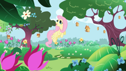 Size: 2880x1620 | Tagged: safe, screencap, character:fluttershy, species:pegasus, species:pony, episode:the ticket master, g4, my little pony: friendship is magic, bird house, canterlot gardens, female, flower, flying, garden, mare, tree