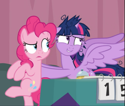 Size: 1003x856 | Tagged: safe, screencap, character:pinkie pie, character:twilight sparkle, character:twilight sparkle (alicorn), species:alicorn, species:earth pony, species:pony, episode:a trivial pursuit, g4, my little pony: friendship is magic, bipedal, confused, cropped, duo, female, floppy ears, mare, messy mane, open mouth, pushing, raised leg, smiling, spread wings, table, wings