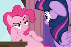 Size: 1402x940 | Tagged: safe, screencap, character:pinkie pie, character:twilight sparkle, character:twilight sparkle (alicorn), species:alicorn, species:earth pony, species:pony, episode:a trivial pursuit, g4, my little pony: friendship is magic, cropped, duo, female, floppy ears, glare, hoof on hip, looking at each other, mare, narrowed eyes, pinkie pie is not amused, raised eyebrow, raised hoof, sitting, unamused
