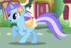 Size: 498x339 | Tagged: safe, screencap, character:diamond mint, species:pony, species:unicorn, episode:applebuck season, g4, my little pony: friendship is magic, background pony, cropped, female, flower, flower in hair, galloping, mare, saddle, solo, tack