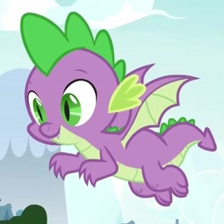Size: 715x715 | Tagged: safe, screencap, character:spike, species:dragon, episode:father knows beast, g4, my little pony: friendship is magic, cropped, cute, flying, male, smiling, solo, spikabetes, winged spike