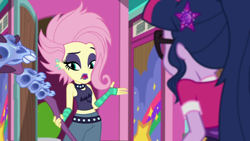 Size: 1920x1080 | Tagged: safe, screencap, character:fluttershy, character:twilight sparkle, character:twilight sparkle (scitwi), species:eqg human, episode:the road less scheduled, g4, my little pony:equestria girls, clothing, flutterpunk, midriff, sleeveless, tank top, the road less scheduled: fluttershy