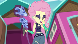Size: 1920x1080 | Tagged: safe, screencap, character:fluttershy, episode:the road less scheduled, g4, my little pony:equestria girls, clothing, flutterpunk, midriff, sleeveless, solo, tank top