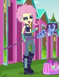 Size: 445x582 | Tagged: safe, screencap, character:fluttershy, episode:the road less scheduled, g4, my little pony:equestria girls, clothing, cropped, flutterpunk, midriff, sleeveless, solo, tank top