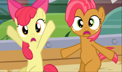 Size: 1576x939 | Tagged: safe, screencap, character:apple bloom, character:babs seed, species:earth pony, species:pony, episode:apple family reunion, g4, my little pony: friendship is magic, bow, cousins, cropped, duo, female, filly, hair bow, hooves in air, open mouth, shocked, sitting, wide eyes