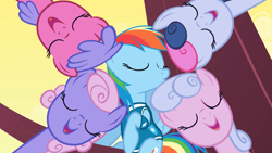 Size: 2880x1619 | Tagged: safe, screencap, character:rainbow dash, species:earth pony, species:pegasus, species:pony, episode:winter wrap up, g4, my little pony: friendship is magic, background pony, blueberry taffy, eyes closed, female, lilac links, mare, singing, swirly cotton, weather team, wildberry, winter wrap up song, winter wrap up vest