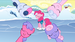 Size: 2880x1620 | Tagged: safe, screencap, character:pinkie pie, species:earth pony, species:pony, episode:winter wrap up, g4, my little pony: friendship is magic, background pony, blueberry taffy, eyes closed, female, ice, ice skates, lilac links, mare, singing, snow, swirly cotton, weather team, wildberry, winter wrap up song, winter wrap up vest