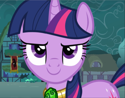 Size: 1195x939 | Tagged: safe, screencap, character:twilight sparkle, character:twilight sparkle (unicorn), species:pony, species:unicorn, episode:magic duel, g4, my little pony: friendship is magic, amulet, close-up, confident, cropped, jewelry, looking at you, smiling, solo