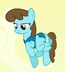 Size: 569x629 | Tagged: safe, screencap, species:pegasus, species:pony, episode:winter wrap up, g4, my little pony: friendship is magic, background pony, chocolate blueberry, cropped, female, jumping, mare, smiling, solo, weather team, winter wrap up vest