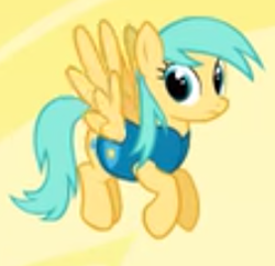 Size: 252x244 | Tagged: safe, screencap, character:sunshower raindrops, species:pegasus, species:pony, episode:winter wrap up, g4, my little pony: friendship is magic, background pony, clothing, cropped, female, flying, mare, picture for breezies, solo, weather team, winter wrap up vest