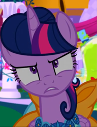 Size: 823x1080 | Tagged: safe, screencap, character:smooze, character:twilight sparkle, character:twilight sparkle (alicorn), species:alicorn, species:pony, episode:make new friends but keep discord, g4, my little pony: friendship is magic, alternate hairstyle, angry, clothing, cropped, dress, female, folded wings, gala, gala dress, glare, gritted teeth, hair bun, mare, solo focus, twilight is not amused, unamused, wings