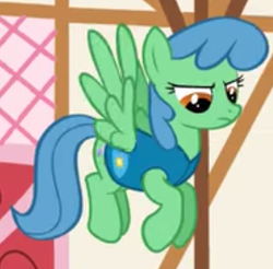 Size: 415x408 | Tagged: safe, screencap, character:meadow rain, species:pegasus, species:pony, episode:winter wrap up, g4, my little pony: friendship is magic, background pony, clothing, cropped, female, flying, frown, looking down, mare, solo, weather team, winter wrap up vest