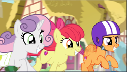 Size: 1669x941 | Tagged: safe, screencap, character:apple bloom, character:scootaloo, character:sweetie belle, species:earth pony, species:pegasus, species:pony, species:unicorn, episode:growing up is hard to do, g4, my little pony: friendship is magic, cropped, cutie mark crusaders, female, galloping, happy, helmet, mare, older, older apple bloom, older cmc, older scootaloo, older sweetie belle, saddle bag, scooter, smiling, trio