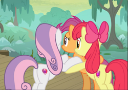 Size: 1009x712 | Tagged: safe, screencap, character:apple bloom, character:scootaloo, character:sweetie belle, species:earth pony, species:pegasus, species:pony, species:unicorn, episode:growing up is hard to do, g4, my little pony: friendship is magic, bipedal, bow, butt, cropped, cutie mark crusaders, female, hair bow, huddle, mare, older, older apple bloom, older cmc, older scootaloo, older sweetie belle, plot, rear view, trio