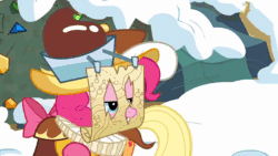 Size: 1280x720 | Tagged: safe, screencap, character:applejack, character:pinkie pie, species:earth pony, species:pony, episode:hearth's warming eve, g4, my little pony: friendship is magic, animated, chancellor puddinghead, clothing, falling, feather, gem, hat, map, outfit, rewind, smart cookie, sound, talking, walking, webm