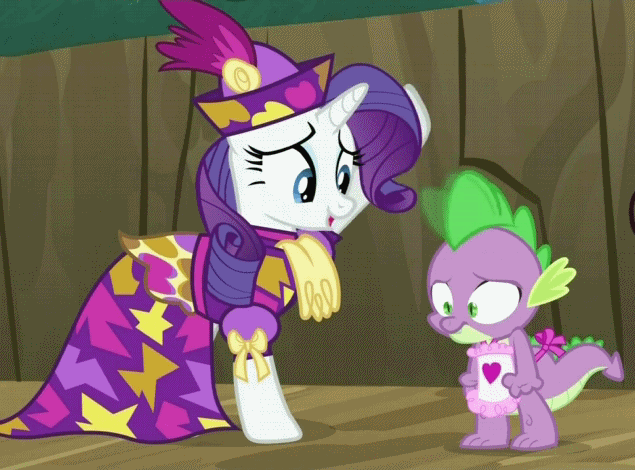 Size: 635x470 | Tagged: safe, screencap, character:rarity, character:spike, species:dragon, species:pony, species:unicorn, episode:dragon quest, g4, my little pony: friendship is magic, animated, apron, camouflage, clothing, dress, duo, female, friendzone, male, mare, naked apron, sproing, trench