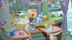 Size: 1920x1080 | Tagged: safe, screencap, character:maud pie, character:mudbriar, character:sunburst, character:trixie, species:earth pony, species:pony, species:unicorn, episode:student counsel, balloon, cake, equinox cake, food, maud's cave