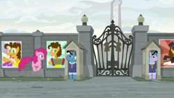 Size: 1920x1080 | Tagged: safe, screencap, character:cheese sandwich, character:pinkie pie, species:earth pony, species:pony, episode:the last laugh, g4, my little pony: friendship is magic, accordion, background pony, brick house, cheese's factory, female, gate, guard, male, mare, musical instrument, stallion, tough break, wall