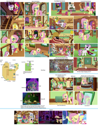 Size: 2600x3320 | Tagged: safe, artist:aurebesh, screencap, character:apple bloom, character:fluttershy, character:philomena, character:scootaloo, character:sweetie belle, species:earth pony, species:pegasus, species:phoenix, species:pony, species:unicorn, episode:a bird in the hoof, episode:stare master, episode:swarm of the century, g4, my little pony: friendship is magic, cutie mark crusaders, female, filly, floor plan, fluttershy's cottage, high res, indoors, interior, map, mare, mirror, outdoors, plot, thinking with ponies