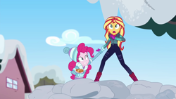 Size: 1280x720 | Tagged: safe, screencap, character:pinkie pie, character:sunset shimmer, equestria girls:holidays unwrapped, g4, my little pony:equestria girls, saving pinkie's pie, snowball fight