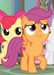 Size: 558x771 | Tagged: safe, screencap, character:apple bloom, character:scootaloo, character:sweetie belle, species:earth pony, species:pegasus, species:pony, species:unicorn, episode:the last crusade, g4, my little pony: friendship is magic, bow, cropped, cute, cutealoo, female, filly, hair bow, offscreen character, raised hoof, smiling, solo focus
