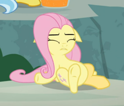 Size: 444x378 | Tagged: safe, screencap, character:angel bunny, character:doctor fauna, character:fluttershy, species:pegasus, species:pony, episode:she talks to angel, g4, my little pony: friendship is magic, belly, body swap, cropped, exhausted, eyes closed, female, floppy ears, mare, offscreen character, on back, solo, solo focus, underhoof