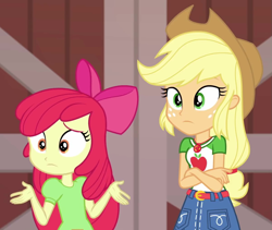 Size: 1201x1014 | Tagged: safe, screencap, character:apple bloom, character:applejack, equestria girls:holidays unwrapped, g4, my little pony:equestria girls, apple bloom's bow, apple sisters, applejack's hat, barn, belt, bow, clothing, cowboy hat, cropped, denim skirt, female, freckles, geode of super strength, hair bow, hat, magical geodes, shrug, siblings, sisters, skirt, stetson, the cider louse fools