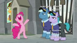 Size: 1920x1080 | Tagged: safe, screencap, character:cheese sandwich, character:pinkie pie, species:earth pony, species:pony, episode:the last laugh, g4, my little pony: friendship is magic, female, male, mare, nose in the air, security guard, stallion, uvula