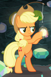 Size: 548x820 | Tagged: safe, screencap, character:applejack, species:earth pony, species:pony, episode:dragon dropped, g4, my little pony: friendship is magic, applejack is not amused, bipedal, cropped, female, holding, lantern, mare, solo, stick, unamused