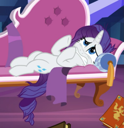 Size: 625x644 | Tagged: safe, screencap, character:rarity, species:pony, species:unicorn, episode:dragon dropped, g4, my little pony: friendship is magic, cropped, faec, fainting couch, female, lying down, mare, marshmelodrama, messy mane, pillow, rarity being rarity, solo
