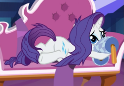 Size: 647x449 | Tagged: safe, screencap, character:rarity, species:pony, species:unicorn, episode:dragon dropped, g4, my little pony: friendship is magic, cropped, cute, fainting couch, female, holding, lying down, mare, marshmelodrama, messy mane, pillow, raribetes, rarity being rarity, solo