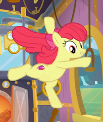 Size: 556x655 | Tagged: safe, screencap, character:apple bloom, species:earth pony, species:pony, episode:growing up is hard to do, g4, my little pony: friendship is magic, bow, cropped, female, friendship express, hair bow, leaping, mare, older, older apple bloom, smiling, solo