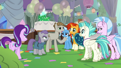 Size: 1920x1080 | Tagged: safe, screencap, character:maud pie, character:mudbriar, character:silverstream, character:starlight glimmer, character:sunburst, character:terramar, character:trixie, species:classical hippogriff, species:earth pony, species:hippogriff, species:pony, species:unicorn, episode:student counsel, balloon, cake, equinox cake, food