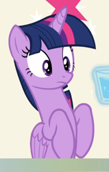 Size: 472x740 | Tagged: safe, screencap, character:twilight sparkle, character:twilight sparkle (alicorn), species:alicorn, species:pony, episode:the beginning of the end, g4, my little pony: friendship is magic, cropped, glass of water, sitting, sitting up, solo