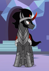 Size: 417x604 | Tagged: safe, screencap, character:king sombra, species:pony, species:unicorn, episode:the beginning of the end, g4, my little pony: friendship is magic, cropped, crown, front view, frown, jewelry, looking sideways, male, regalia, solo, stallion, standing