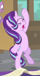 Size: 298x560 | Tagged: safe, screencap, character:spike, character:starlight glimmer, species:dragon, species:pony, species:unicorn, episode:the beginning of the end, g4, my little pony: friendship is magic, bipedal, cropped, eyes closed, female, male, mare, offscreen character, open mouth, raised hoof, solo focus, standing, standing on one leg