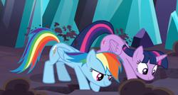 Size: 1098x588 | Tagged: safe, screencap, character:rainbow dash, character:twilight sparkle, character:twilight sparkle (alicorn), species:alicorn, species:pegasus, species:pony, episode:the beginning of the end, g4, my little pony: friendship is magic, behaving like a dog, cropped, cute, digging, dirt, duo, female, mare, smiling