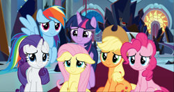 Size: 1667x888 | Tagged: safe, screencap, character:applejack, character:fluttershy, character:pinkie pie, character:rainbow dash, character:rarity, character:twilight sparkle, character:twilight sparkle (alicorn), species:alicorn, species:earth pony, species:pegasus, species:pony, species:unicorn, episode:the beginning of the end, g4, my little pony: friendship is magic, applejack's hat, canterlot throne room, clothing, cowboy hat, cropped, crying, crystal, cute, dark crystal, dashabetes, diapinkes, female, floppy ears, flying, group, hat, jackabetes, looking at you, mane six, mare, raribetes, shyabetes, sitting, smiling, tears of joy, teary eyes, twiabetes